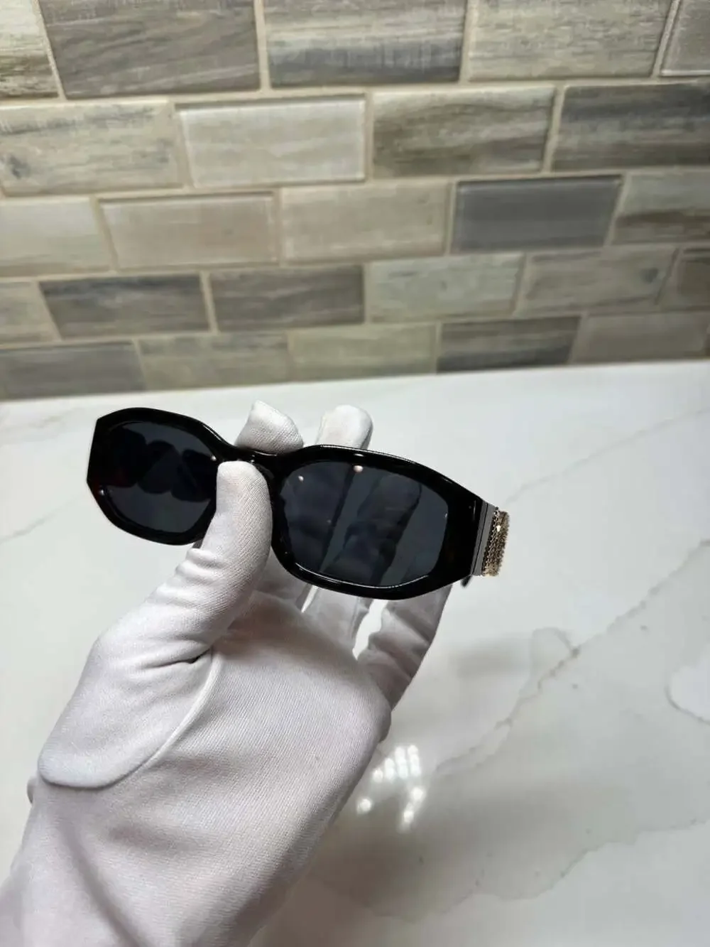 Versace VE4377 Black Logo Rectangular Sunglasses with Case and Box